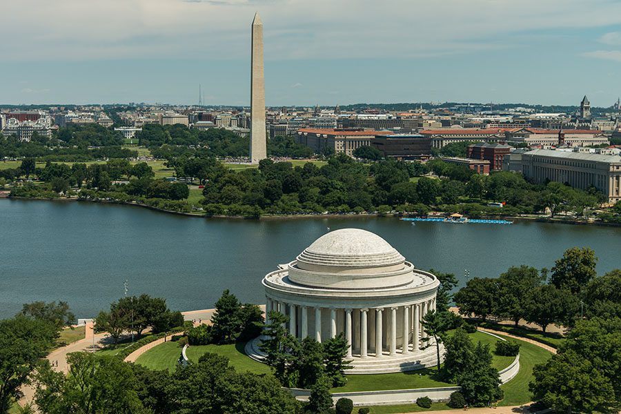 Washington, DC - Aerial View of Washington, DC Displaying a Large Body of Water, the Washington Monument and Thomas Jefferson Memorial